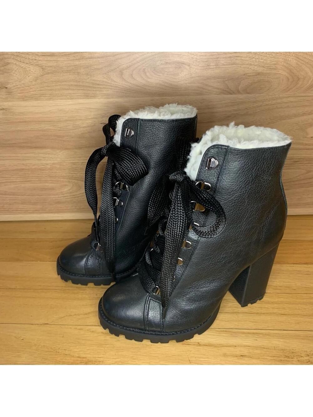 Schutz Zhara Lace Up Leather Faux Fur Combat Lug Boots - Size 7.5